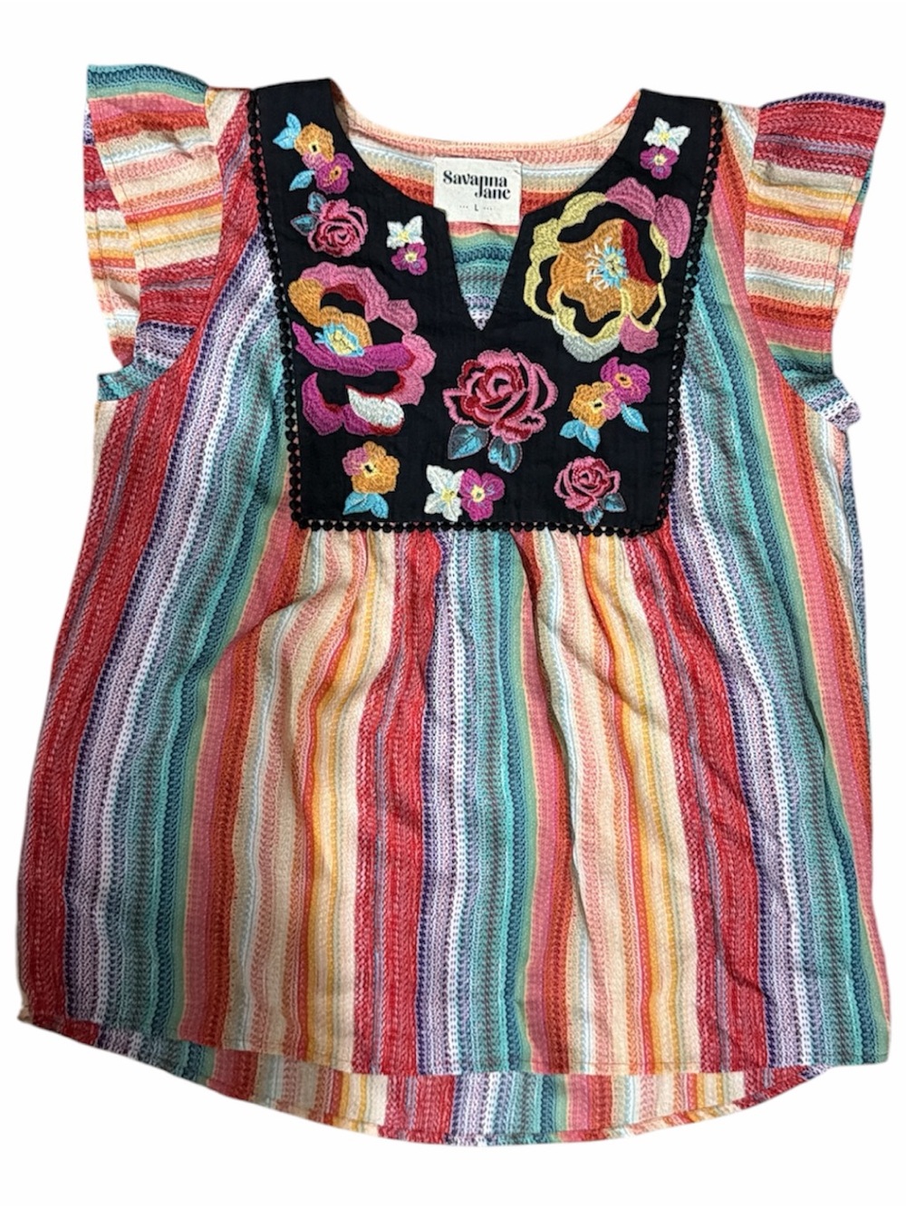 SAVANNA JANE Multi-Color Striped Embroidered Flutter Sleeve Blouse - Picture 3 of 6